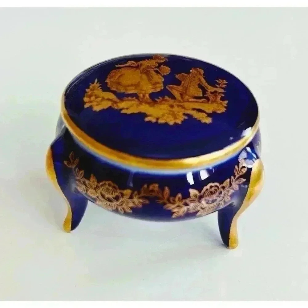 Vintage Limoges  Porcelain Round Trinket Box in Blue and Gold Made in France